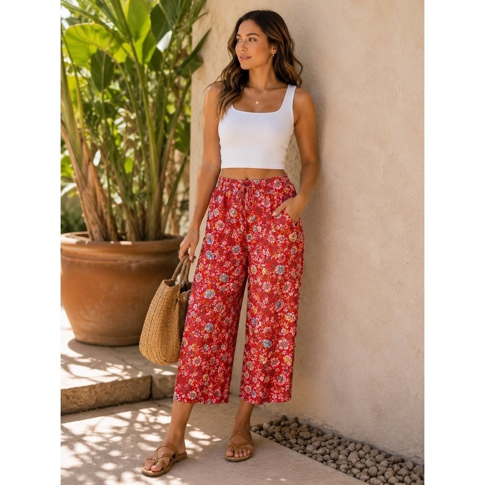 LOFT Red Floral Wide Leg Crop Pants Women's Size L 100% Viscose Pull On